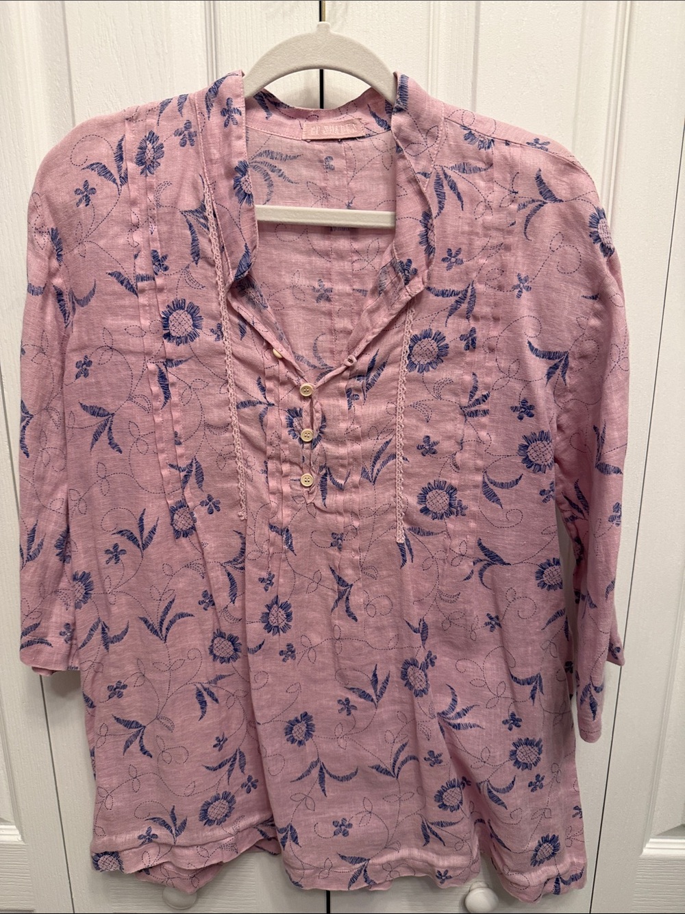 CP Shades 100% Linen Pink Floral Henley Tunic